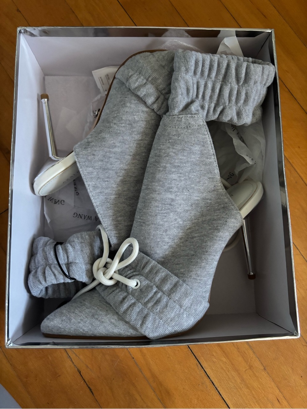Women's Gray Knit Sock Stiletto Booties with Lace-Tie